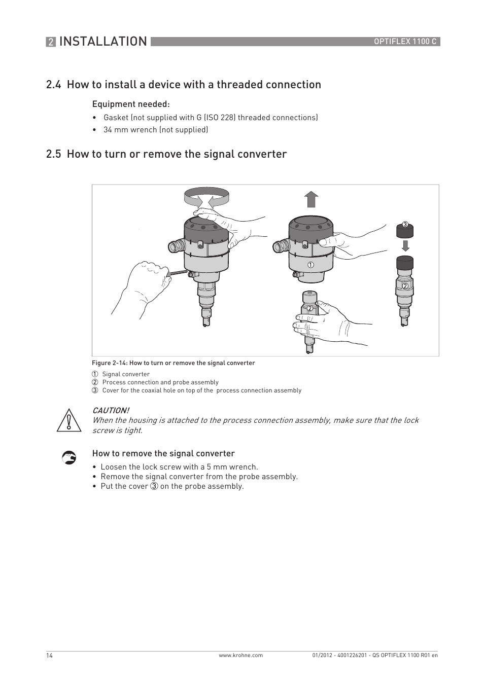 Installation, 5 how to turn or remove the signal converter | KROHNE OPTIFLEX 1100C Quickstart EN User Manual | Page 14 / 20