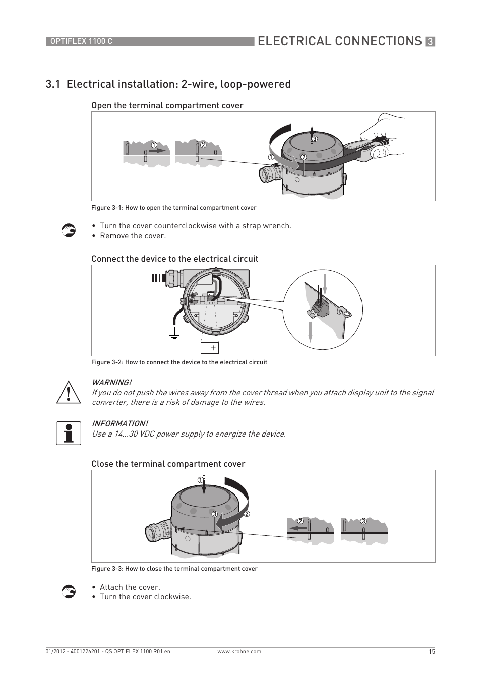 Electrical connections, 1 electrical installation: 2-wire, loop-powered | KROHNE OPTIFLEX 1100C Quickstart EN User Manual | Page 15 / 20