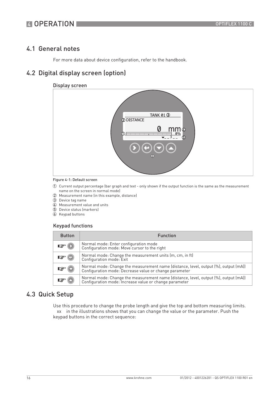 Operation, 2 digital display screen (option), 3 quick setup | KROHNE OPTIFLEX 1100C Quickstart EN User Manual | Page 16 / 20