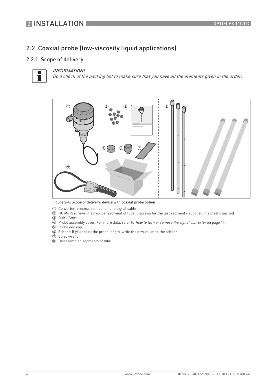 Installation, 1 scope of delivery | KROHNE OPTIFLEX 1100C Quickstart EN User Manual | Page 6 / 20