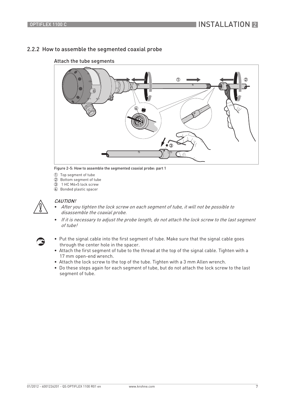 Installation, 2 how to assemble the segmented coaxial probe | KROHNE OPTIFLEX 1100C Quickstart EN User Manual | Page 7 / 20