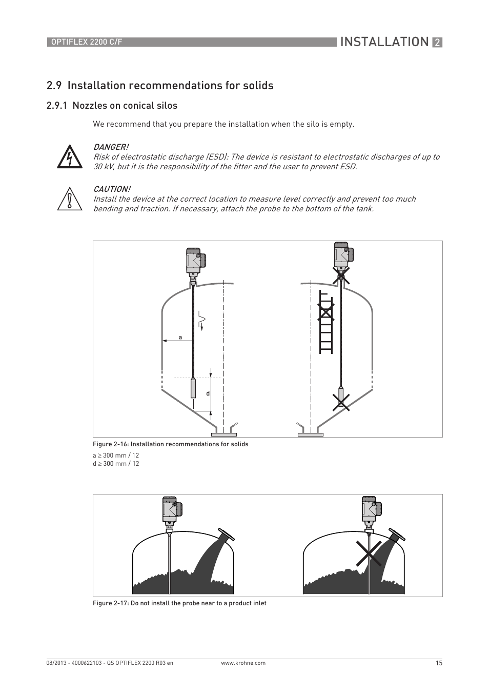 Installation, 9 installation recommendations for solids | KROHNE OPTIFLEX 2200 C_F Quickstart EN User Manual | Page 15 / 48