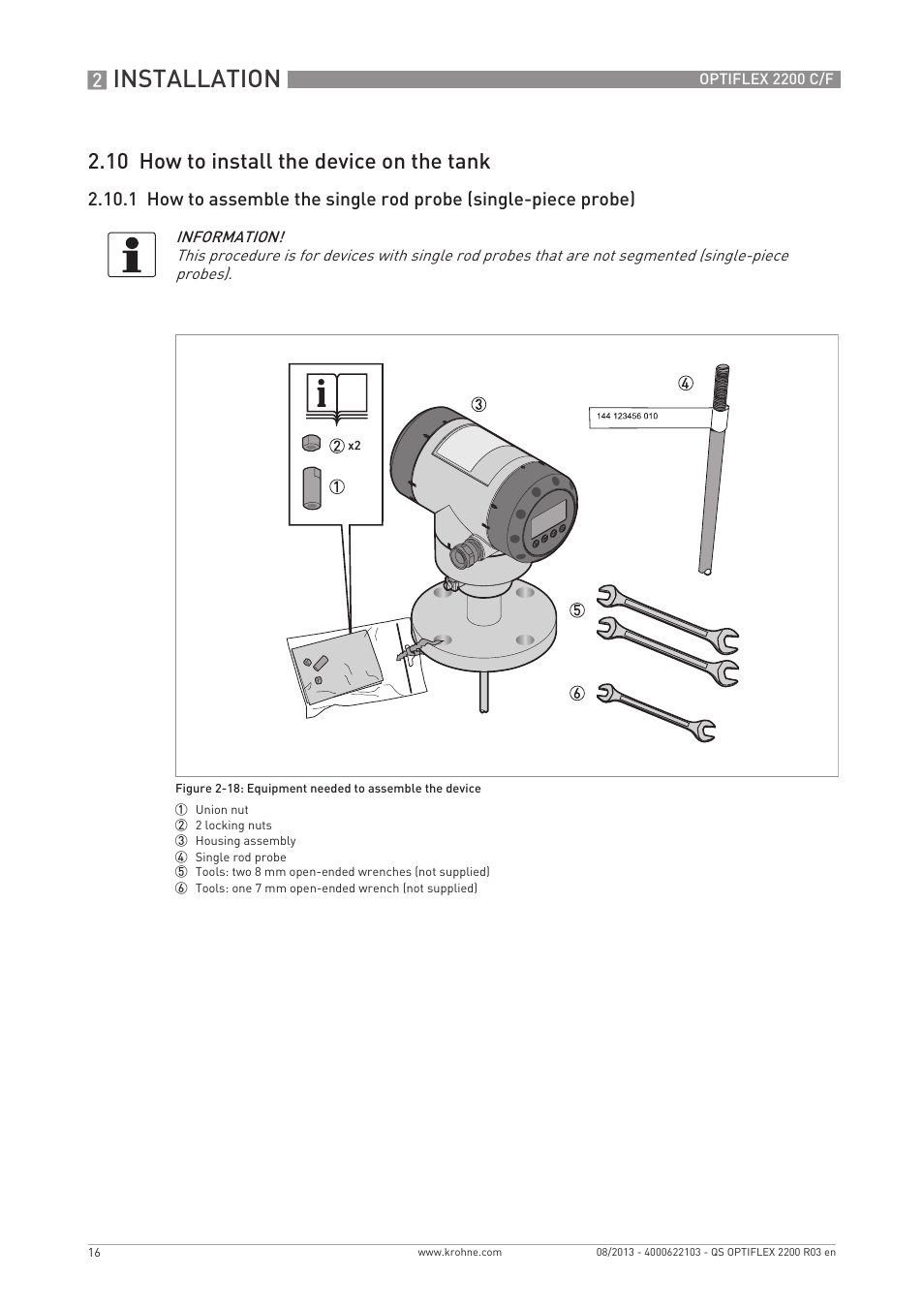 Installation, 10 how to install the device on the tank | KROHNE OPTIFLEX 2200 C_F Quickstart EN User Manual | Page 16 / 48