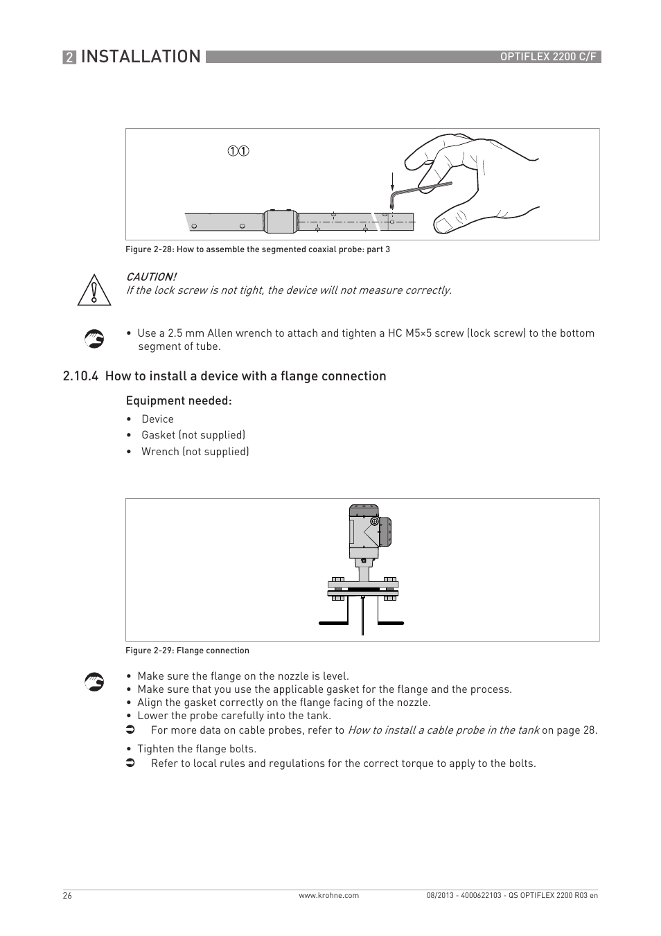 Installation, 4 how to install a device with a flange connection | KROHNE OPTIFLEX 2200 C_F Quickstart EN User Manual | Page 26 / 48