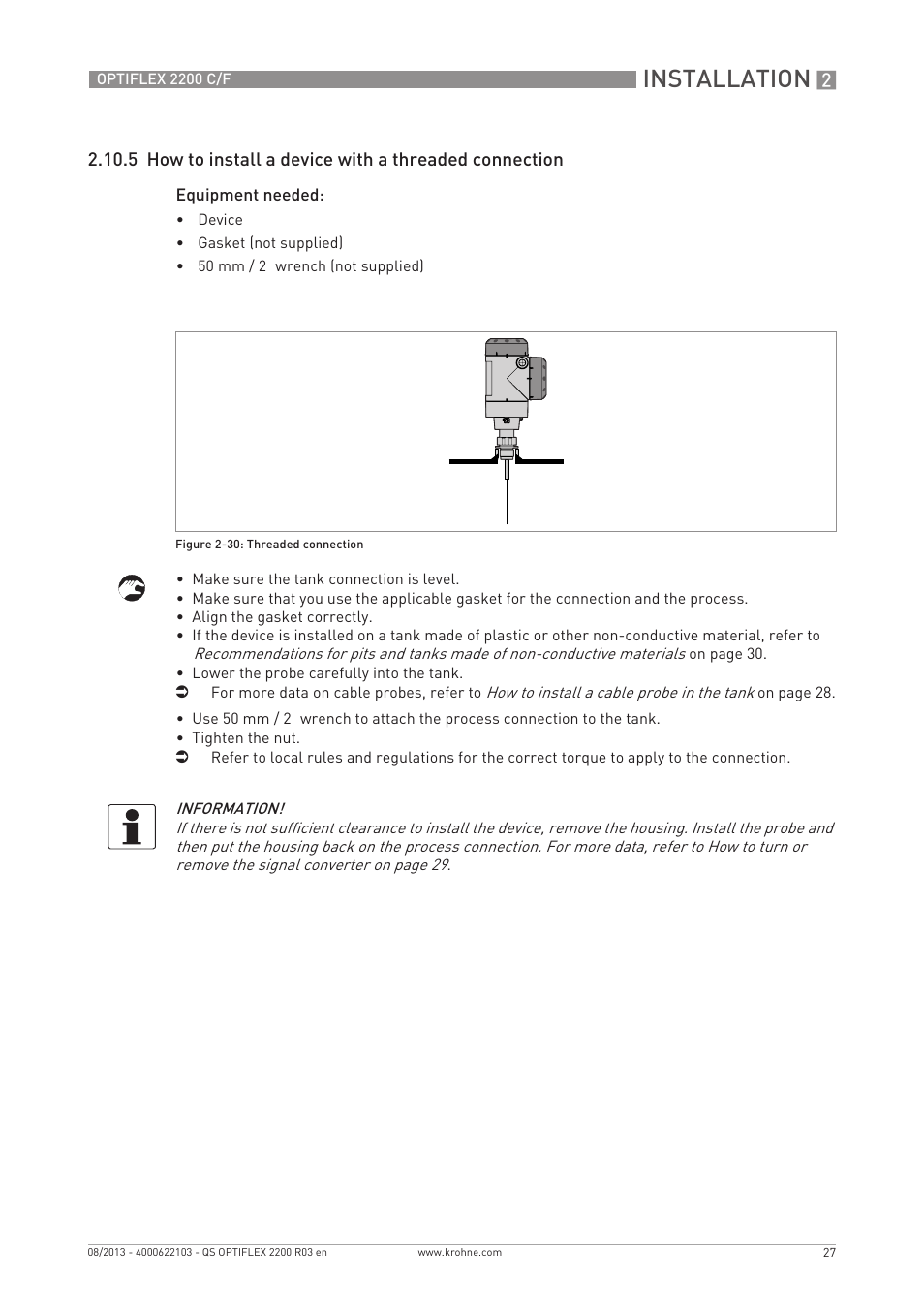 Installation | KROHNE OPTIFLEX 2200 C_F Quickstart EN User Manual | Page 27 / 48