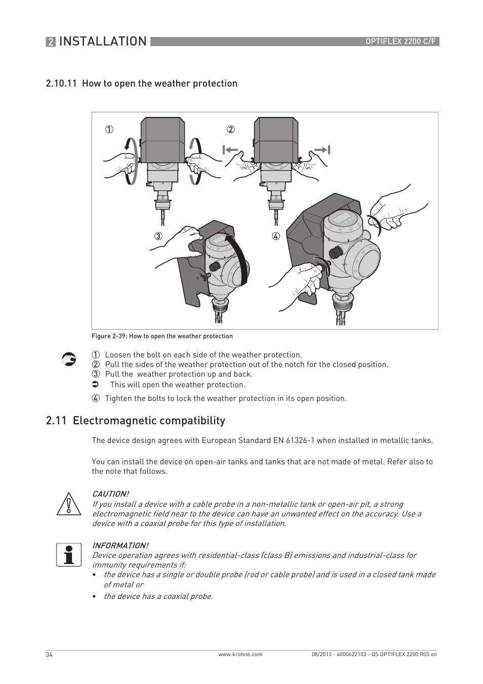 Installation, 11 electromagnetic compatibility | KROHNE OPTIFLEX 2200 C_F Quickstart EN User Manual | Page 34 / 48