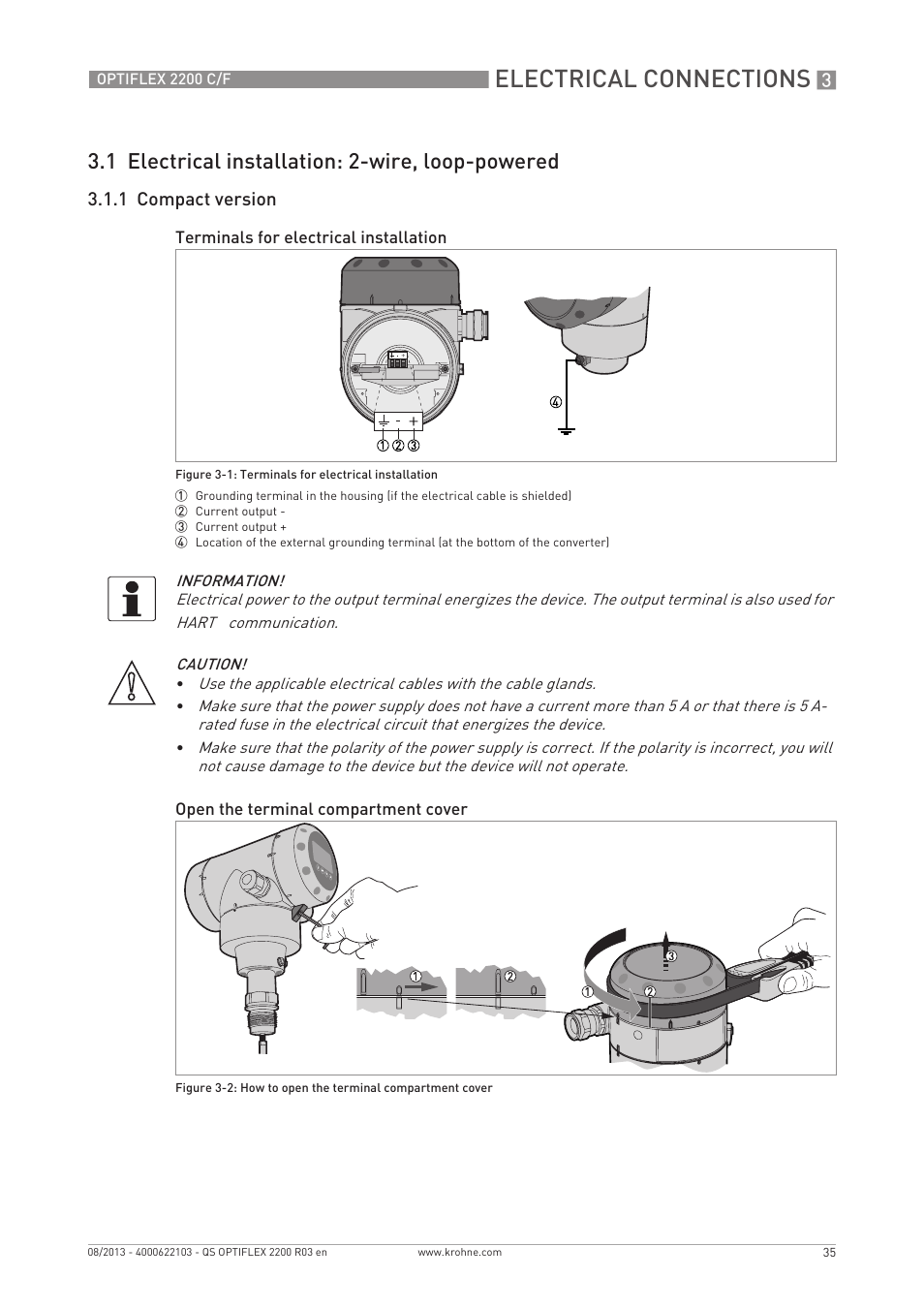 Electrical connections, 1 electrical installation: 2-wire, loop-powered | KROHNE OPTIFLEX 2200 C_F Quickstart EN User Manual | Page 35 / 48