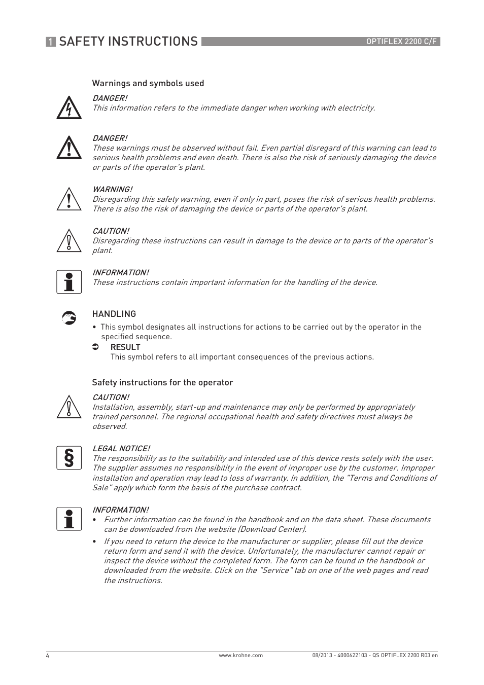 Safety instructions | KROHNE OPTIFLEX 2200 C_F Quickstart EN User Manual | Page 4 / 48