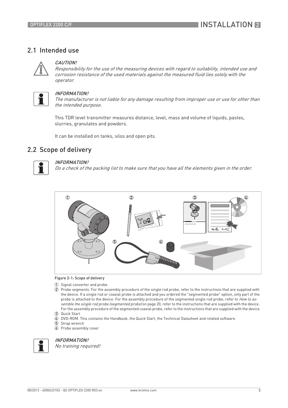 Installation, 1 intended use, 2 scope of delivery | KROHNE OPTIFLEX 2200 C_F Quickstart EN User Manual | Page 5 / 48