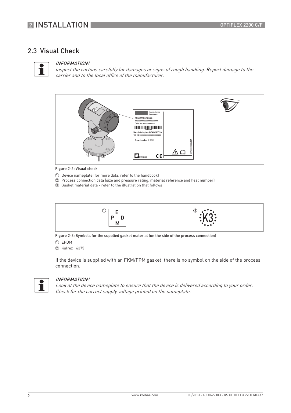 Installation, 3 visual check | KROHNE OPTIFLEX 2200 C_F Quickstart EN User Manual | Page 6 / 48
