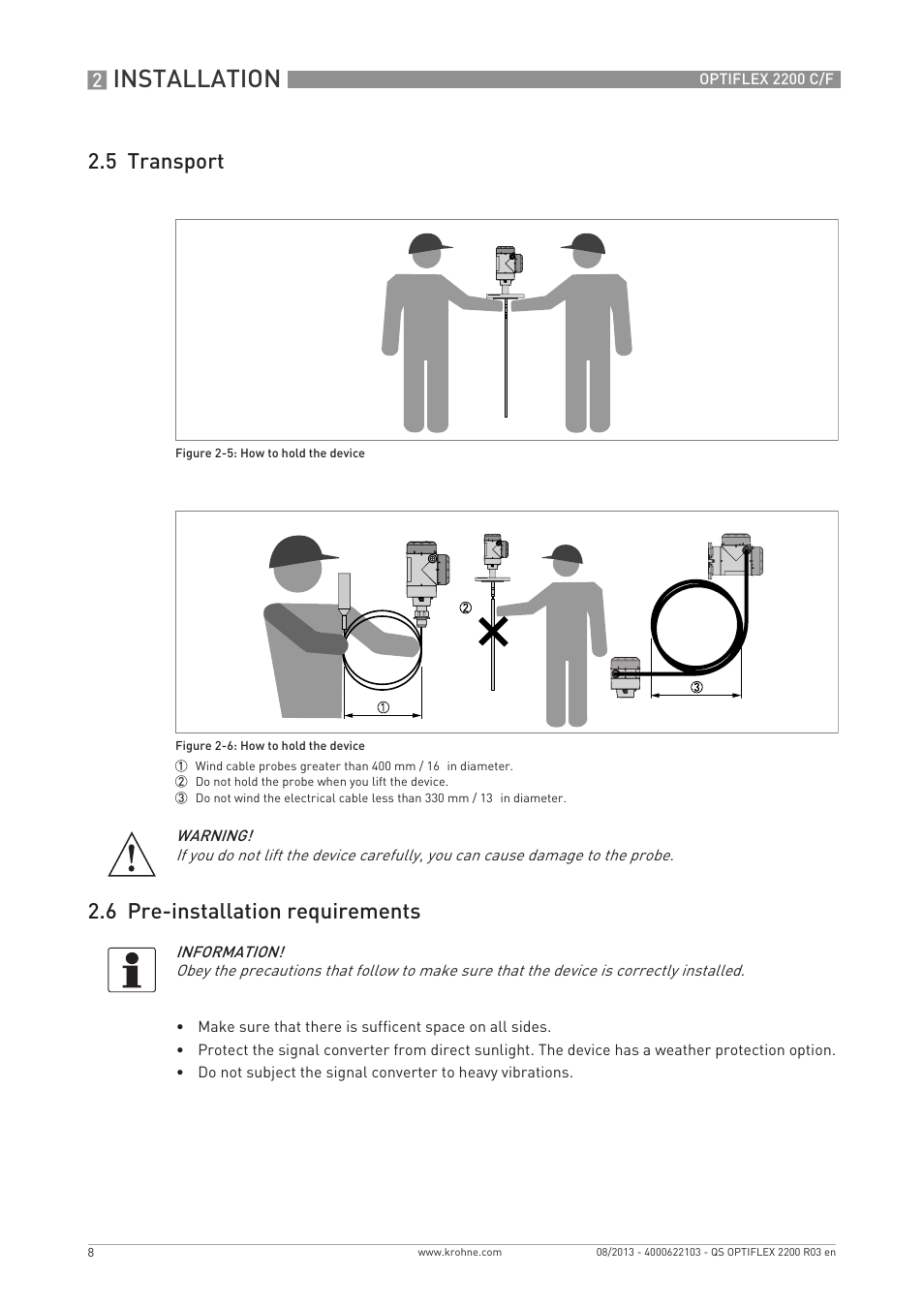 Installation, 5 transport 2.6 pre-installation requirements | KROHNE OPTIFLEX 2200 C_F Quickstart EN User Manual | Page 8 / 48