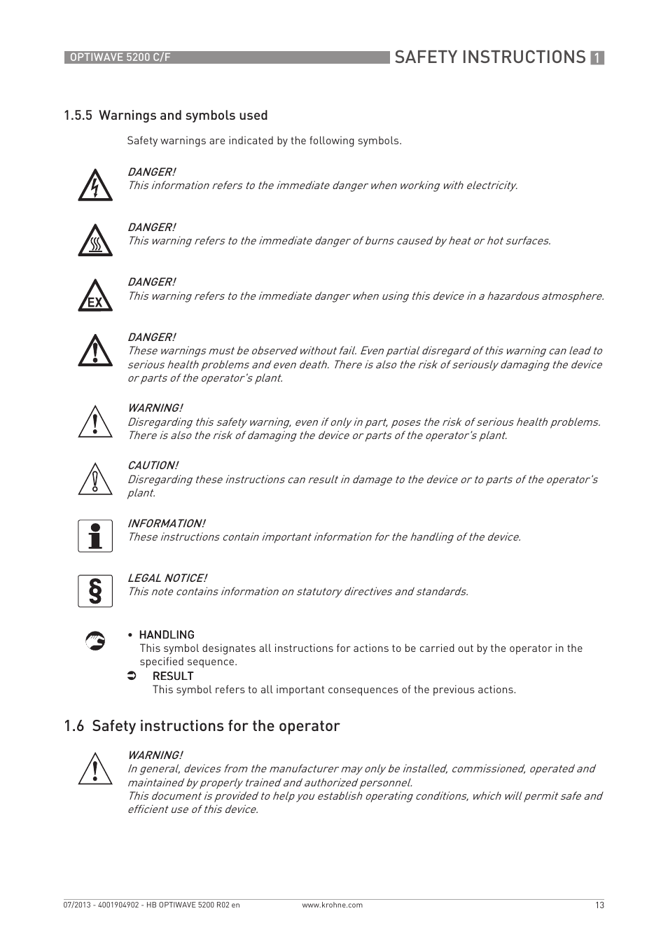 Safety instructions, 6 safety instructions for the operator | KROHNE OPTIWAVE 5200 C_F EN User Manual | Page 13 / 148