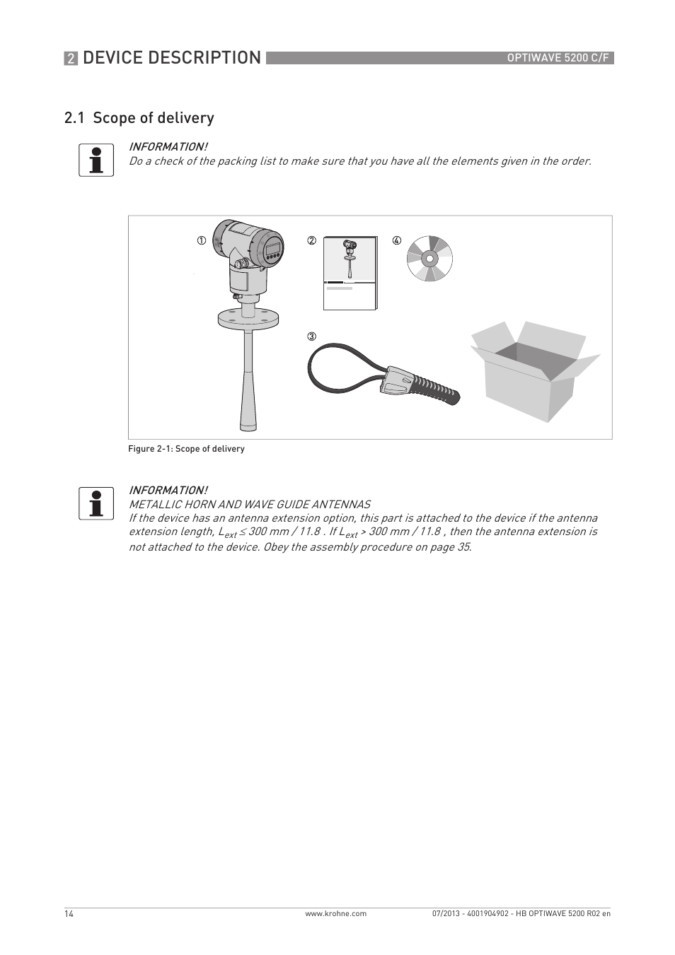 Device description, 1 scope of delivery | KROHNE OPTIWAVE 5200 C_F EN User Manual | Page 14 / 148