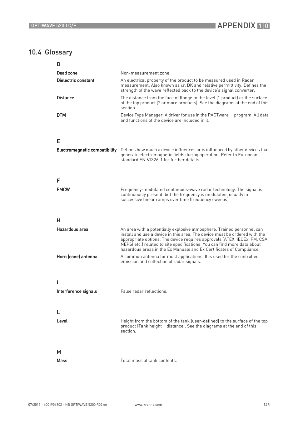 Appendix, 4 glossary | KROHNE OPTIWAVE 5200 C_F EN User Manual | Page 145 / 148