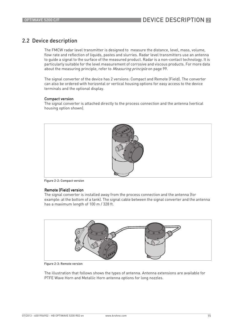 Device description, 2 device description | KROHNE OPTIWAVE 5200 C_F EN User Manual | Page 15 / 148