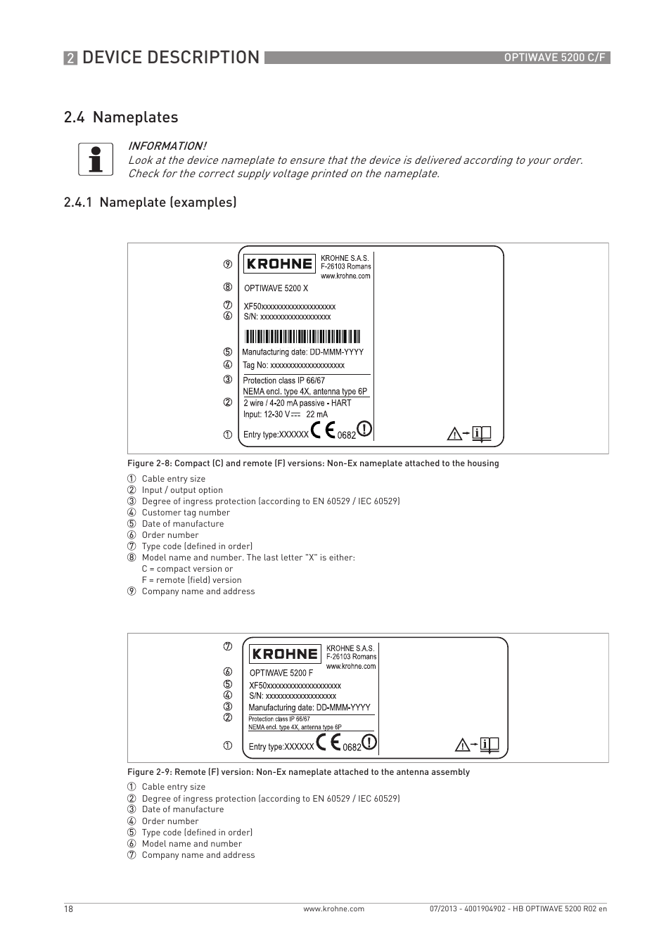 Device description, 4 nameplates, 1 nameplate (examples) | KROHNE OPTIWAVE 5200 C_F EN User Manual | Page 18 / 148