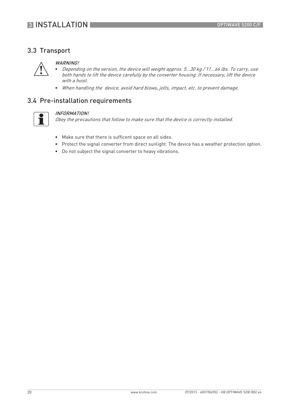 Installation, 3 transport 3.4 pre-installation requirements | KROHNE OPTIWAVE 5200 C_F EN User Manual | Page 20 / 148