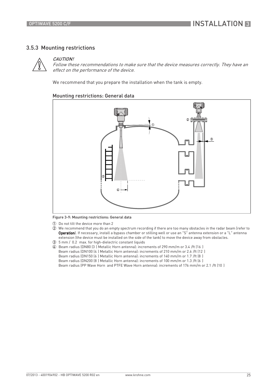 Installation, 3 mounting restrictions | KROHNE OPTIWAVE 5200 C_F EN User Manual | Page 25 / 148