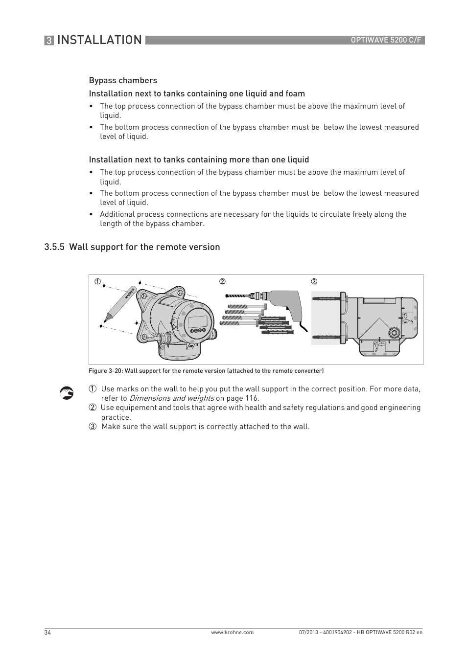 Installation, 5 wall support for the remote version | KROHNE OPTIWAVE 5200 C_F EN User Manual | Page 34 / 148