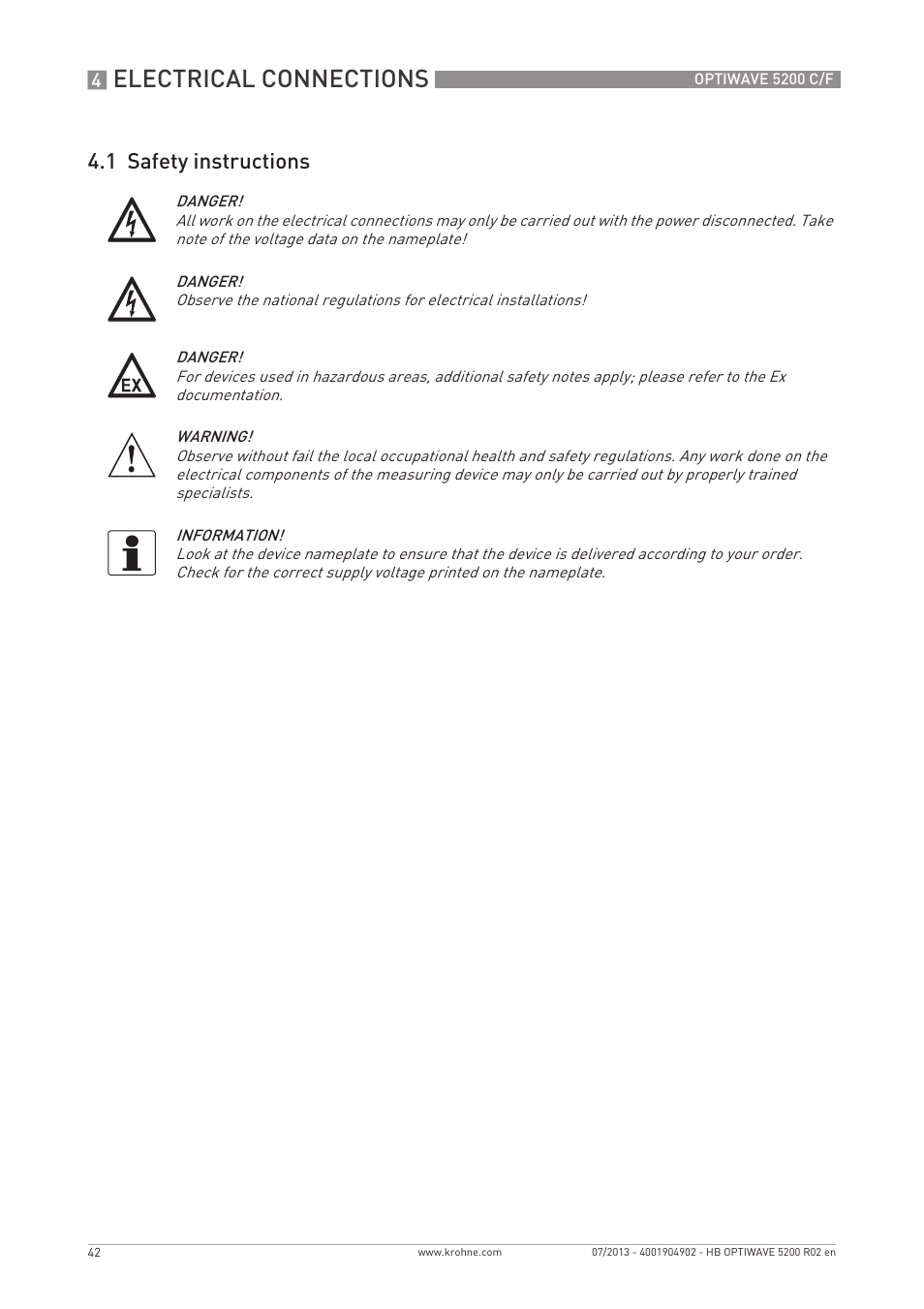Electrical connections, 1 safety instructions | KROHNE OPTIWAVE 5200 C_F EN User Manual | Page 42 / 148