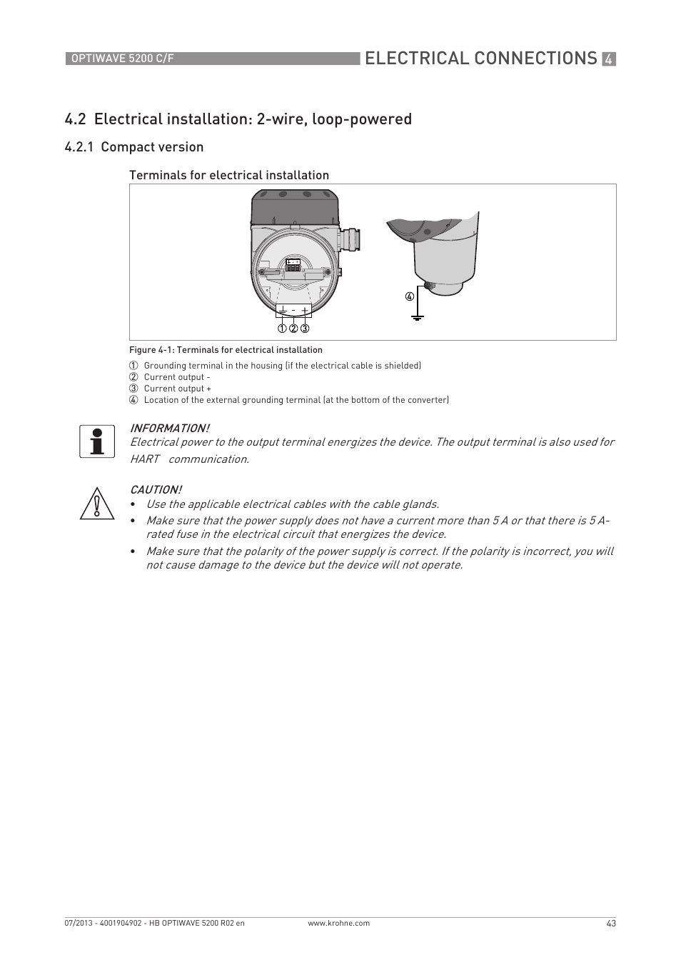 Electrical connections, 2 electrical installation: 2-wire, loop-powered | KROHNE OPTIWAVE 5200 C_F EN User Manual | Page 43 / 148