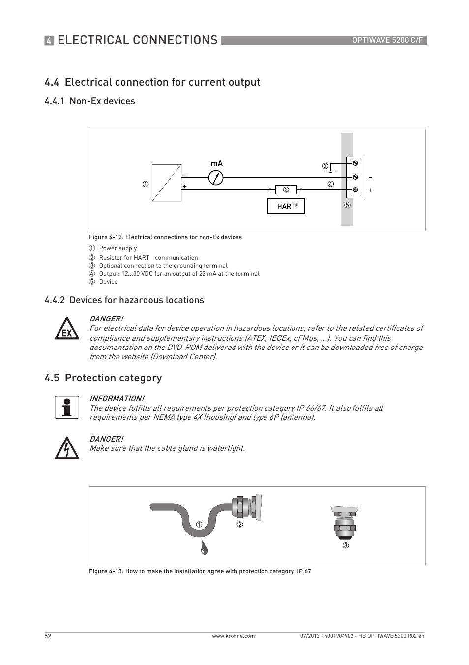 Electrical connections, 4 electrical connection for current output, 5 protection category | KROHNE OPTIWAVE 5200 C_F EN User Manual | Page 52 / 148