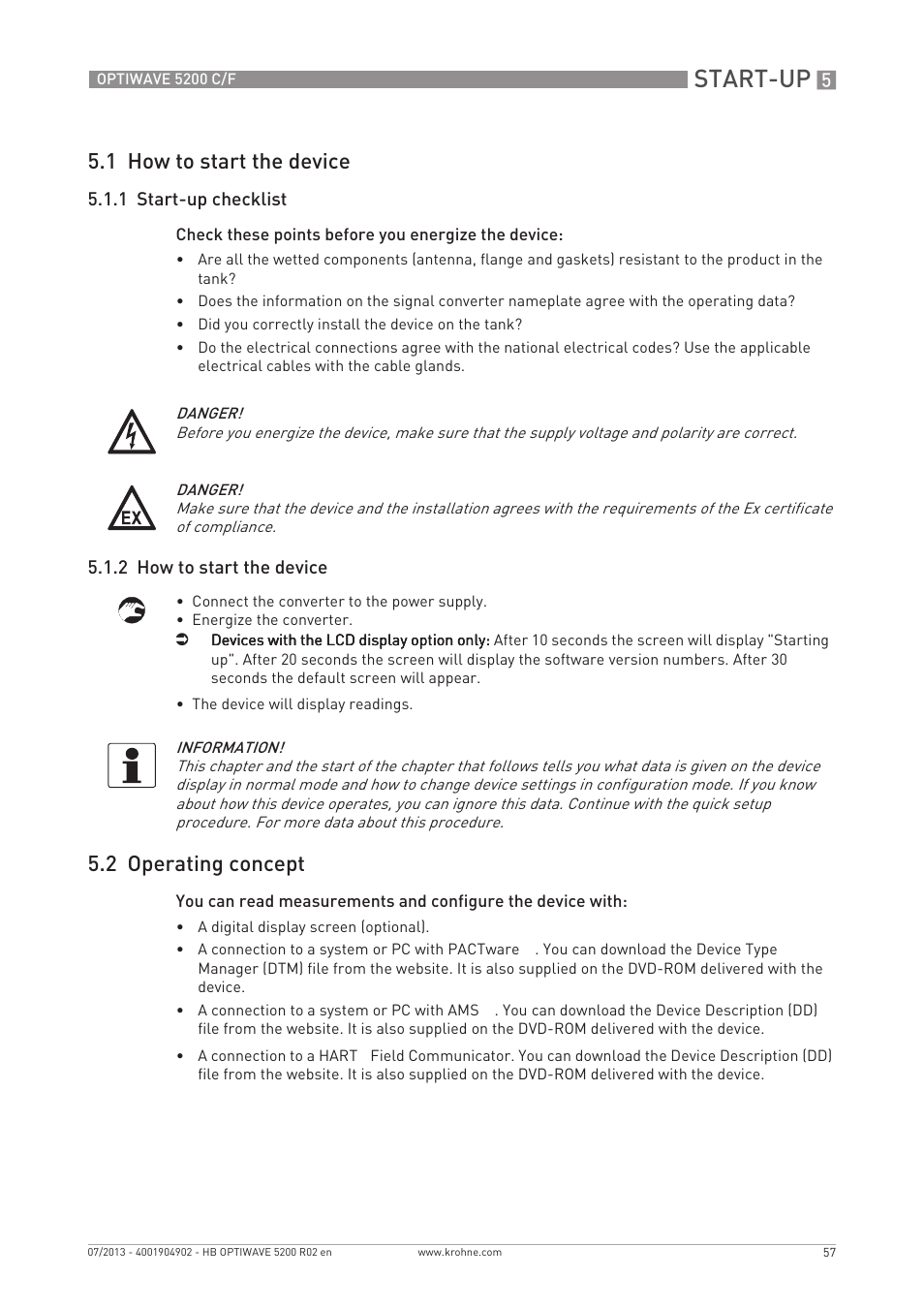 Start-up, 1 how to start the device, 2 operating concept | KROHNE OPTIWAVE 5200 C_F EN User Manual | Page 57 / 148