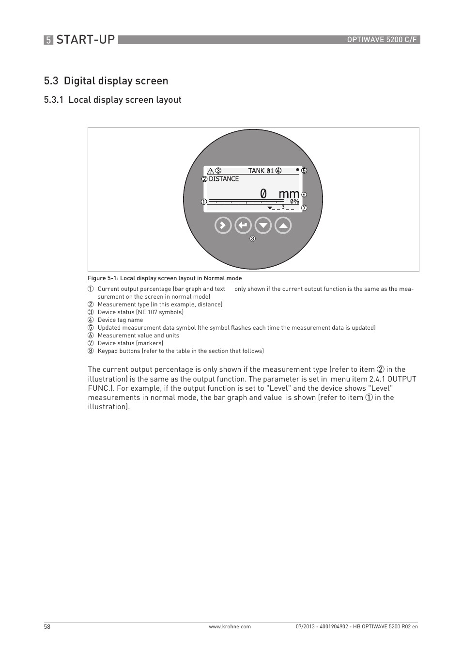 Start-up, 3 digital display screen, 1 local display screen layout | KROHNE OPTIWAVE 5200 C_F EN User Manual | Page 58 / 148