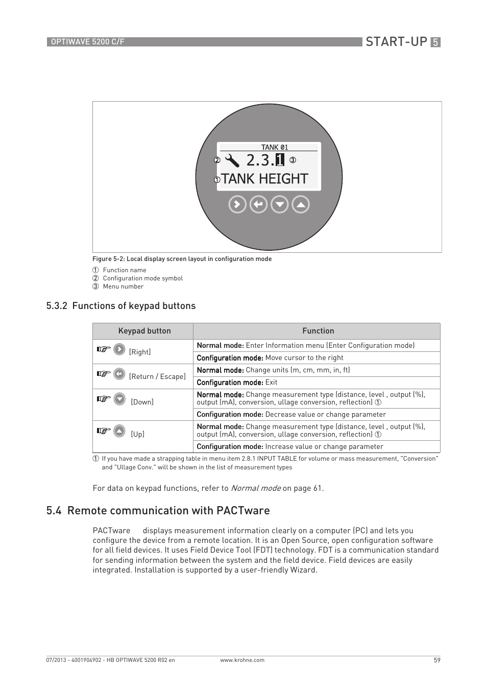Start-up, 4 remote communication with pactware, 2 functions of keypad buttons | KROHNE OPTIWAVE 5200 C_F EN User Manual | Page 59 / 148
