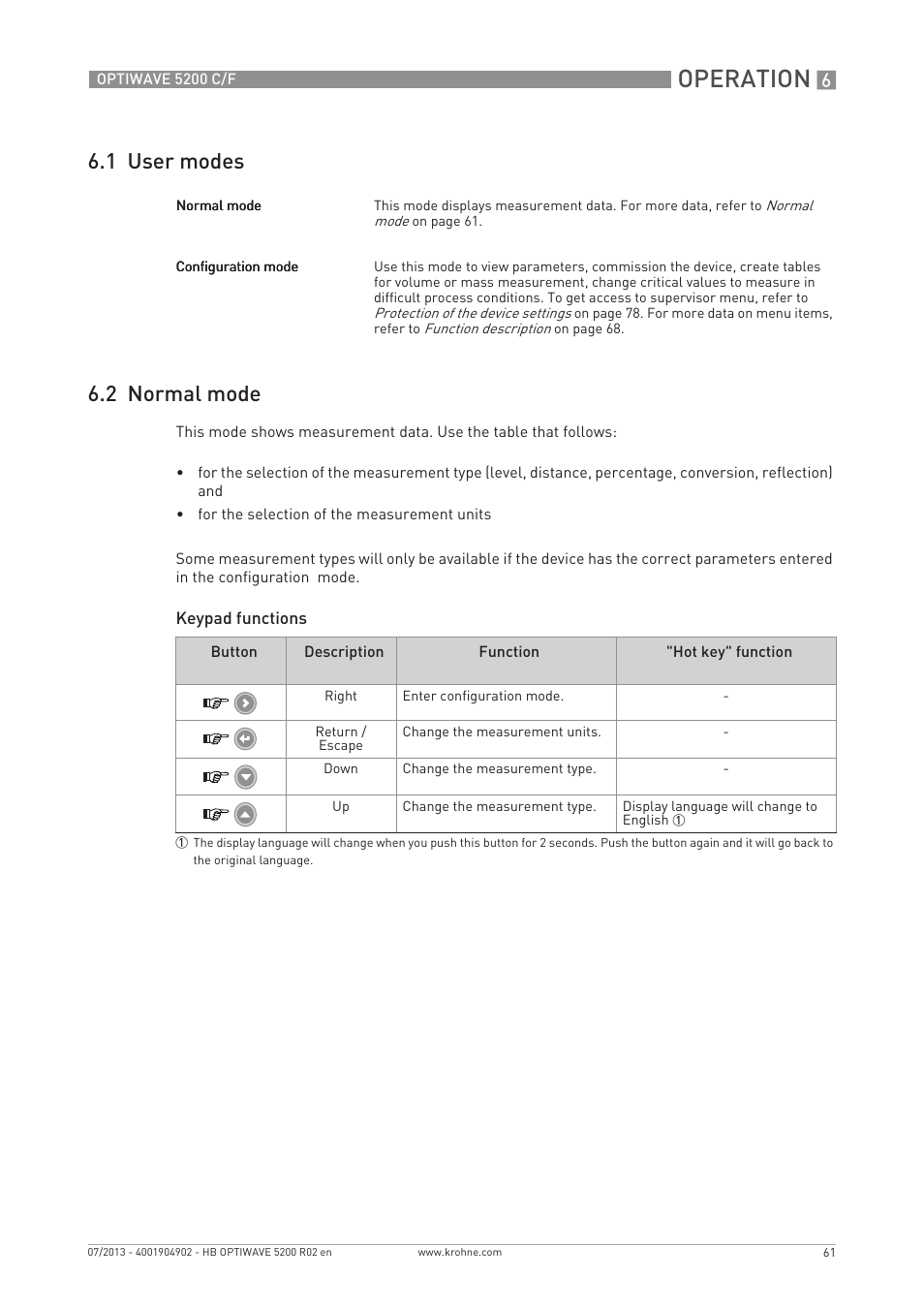 Operation, 1 user modes 6.2 normal mode | KROHNE OPTIWAVE 5200 C_F EN User Manual | Page 61 / 148