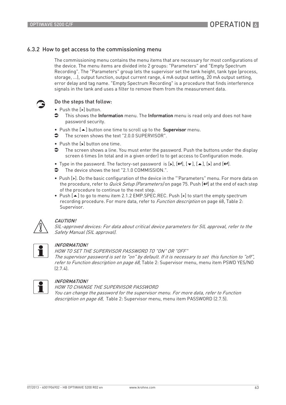 Operation, 2 how to get access to the commissioning menu | KROHNE OPTIWAVE 5200 C_F EN User Manual | Page 63 / 148