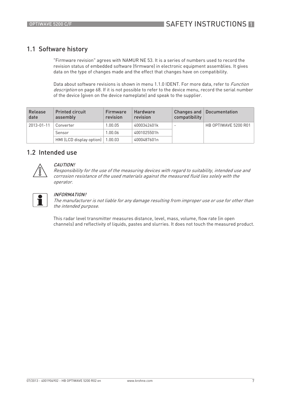 Safety instructions, 1 software history, 2 intended use | KROHNE OPTIWAVE 5200 C_F EN User Manual | Page 7 / 148