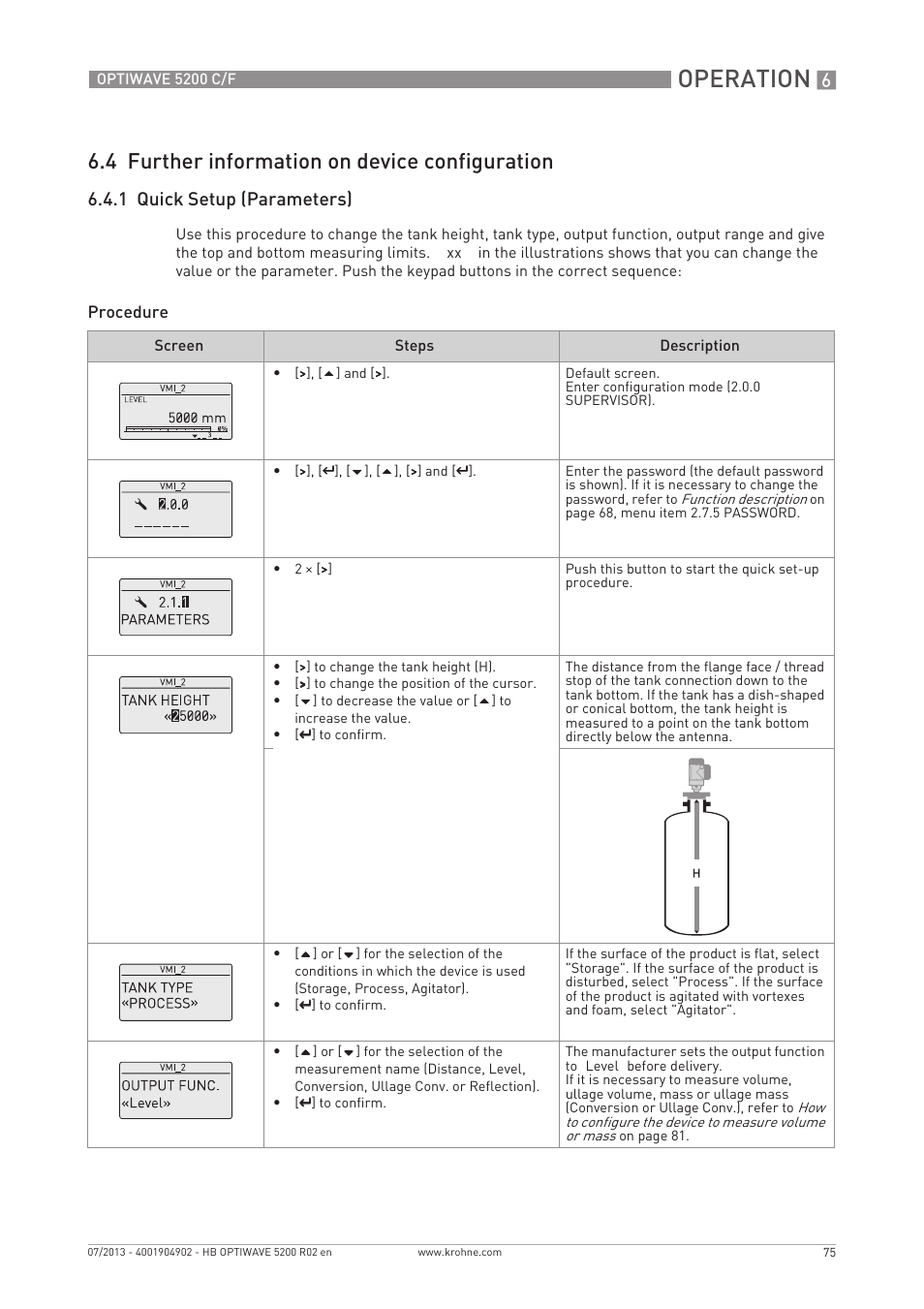Operation, 4 further information on device configuration, 1 quick setup (parameters) | KROHNE OPTIWAVE 5200 C_F EN User Manual | Page 75 / 148