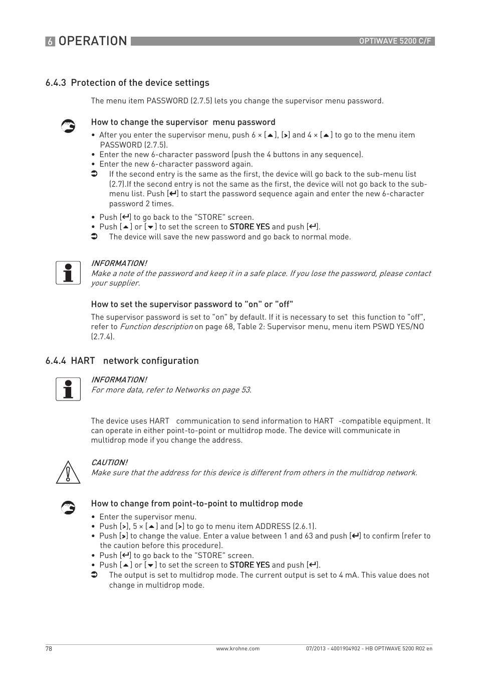 Operation, 3 protection of the device settings, 4 hart | Network configuration | KROHNE OPTIWAVE 5200 C_F EN User Manual | Page 78 / 148