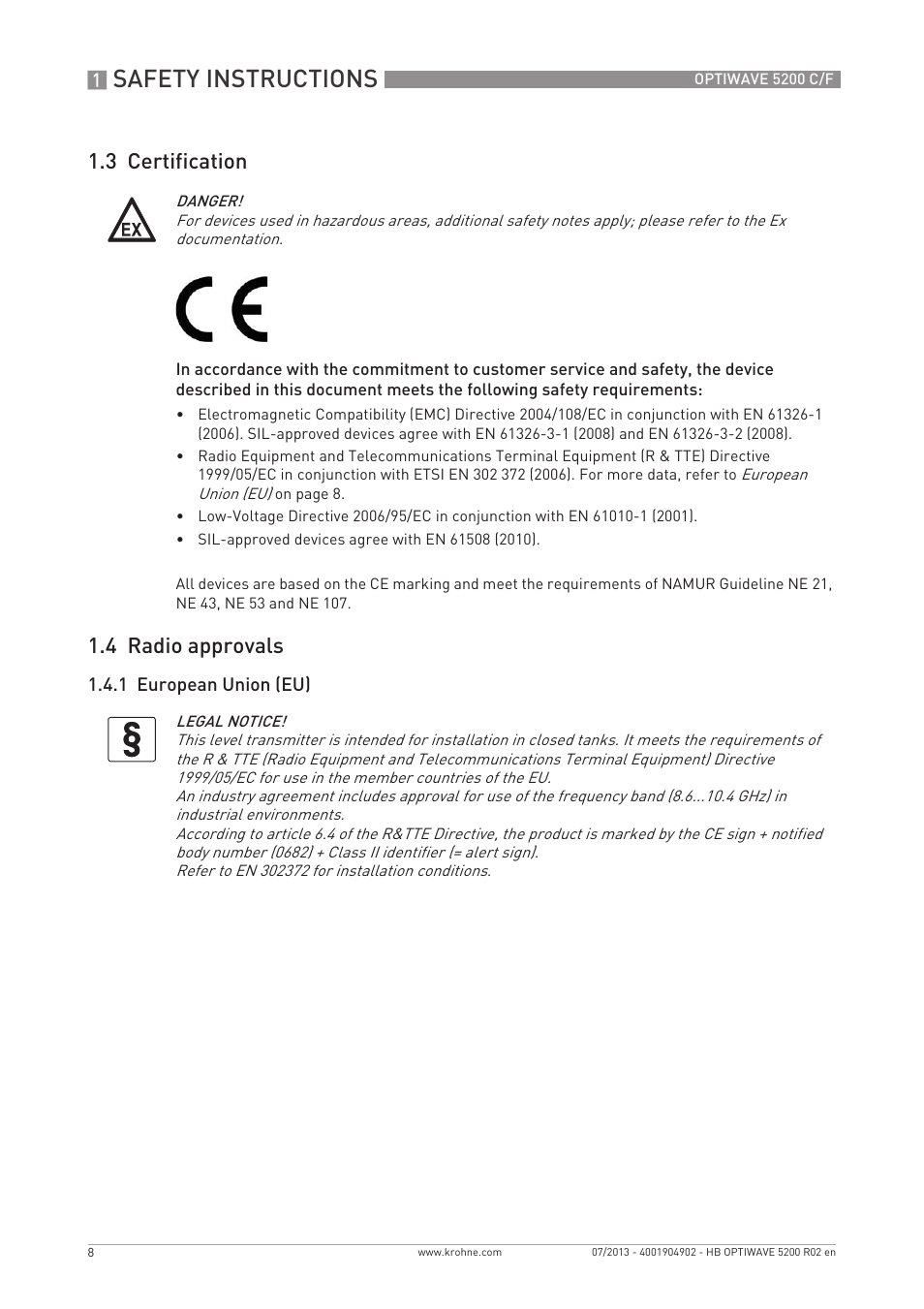 Safety instructions, 3 certification, 4 radio approvals | KROHNE OPTIWAVE 5200 C_F EN User Manual | Page 8 / 148