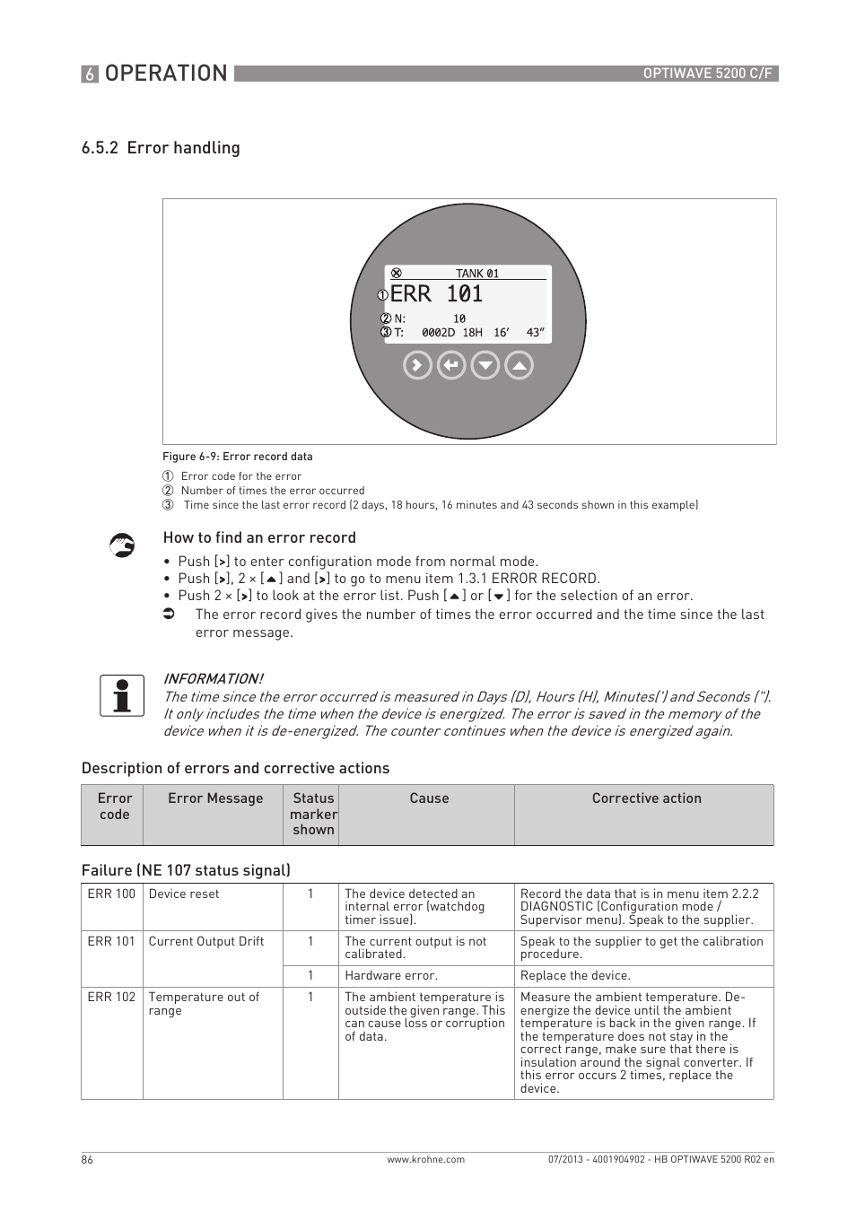 Operation, 2 error handling | KROHNE OPTIWAVE 5200 C_F EN User Manual | Page 86 / 148