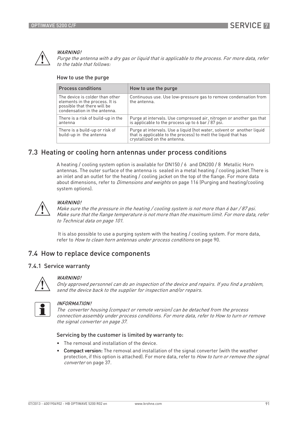 Service, 4 how to replace device components, 1 service warranty | KROHNE OPTIWAVE 5200 C_F EN User Manual | Page 91 / 148