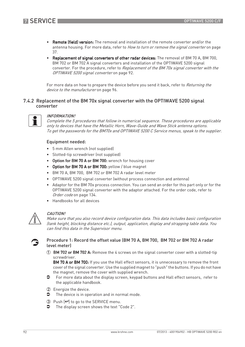 Service | KROHNE OPTIWAVE 5200 C_F EN User Manual | Page 92 / 148