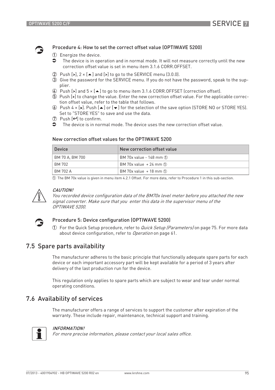 Service, 5 spare parts availability, 6 availability of services | KROHNE OPTIWAVE 5200 C_F EN User Manual | Page 95 / 148