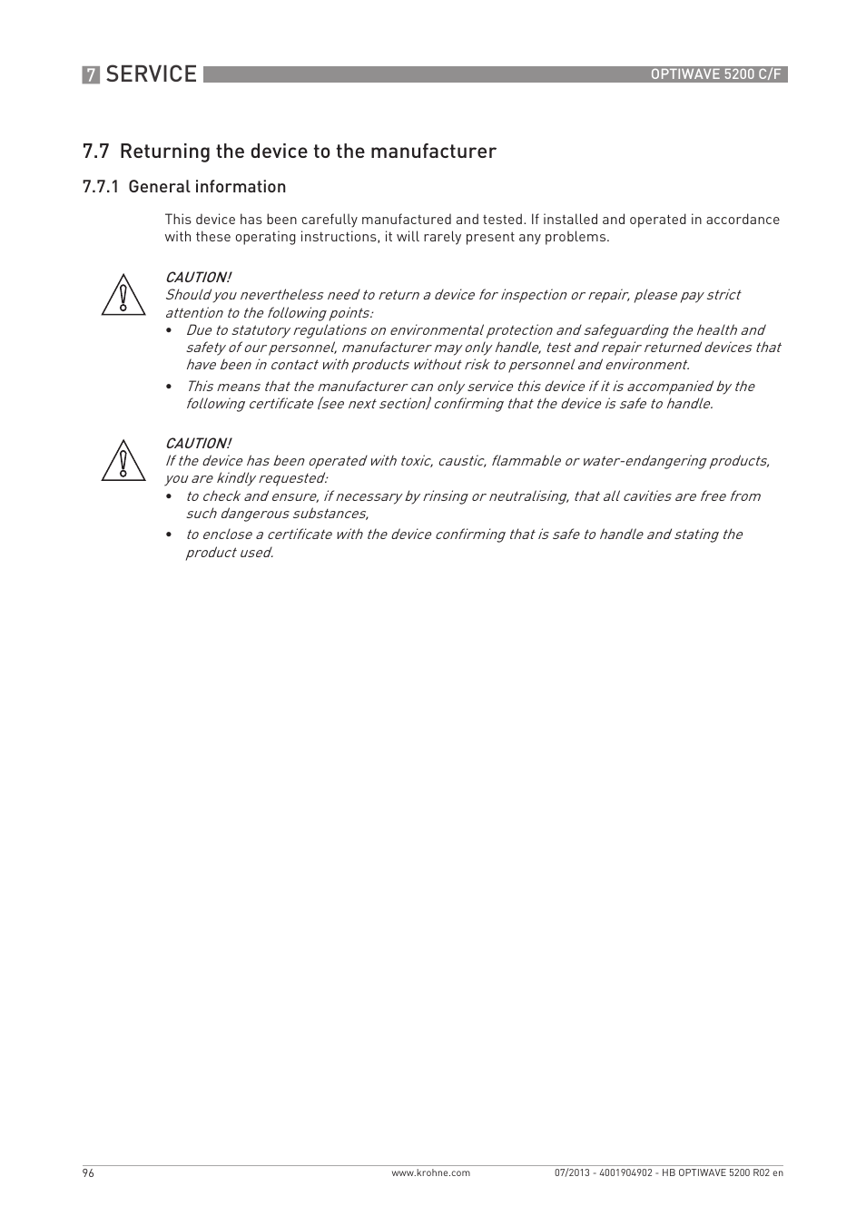 Service, 7 returning the device to the manufacturer | KROHNE OPTIWAVE 5200 C_F EN User Manual | Page 96 / 148