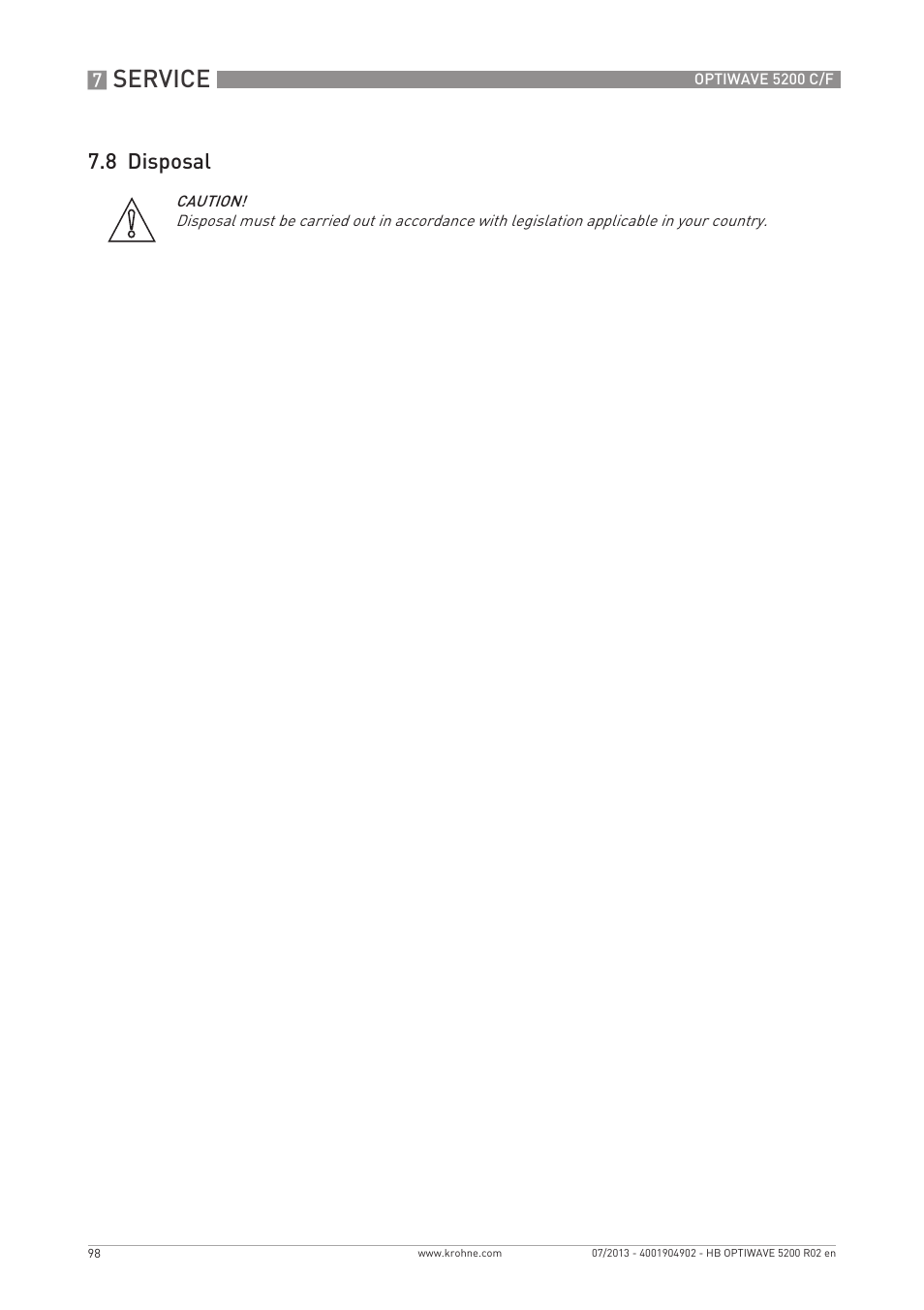 Service, 8 disposal | KROHNE OPTIWAVE 5200 C_F EN User Manual | Page 98 / 148