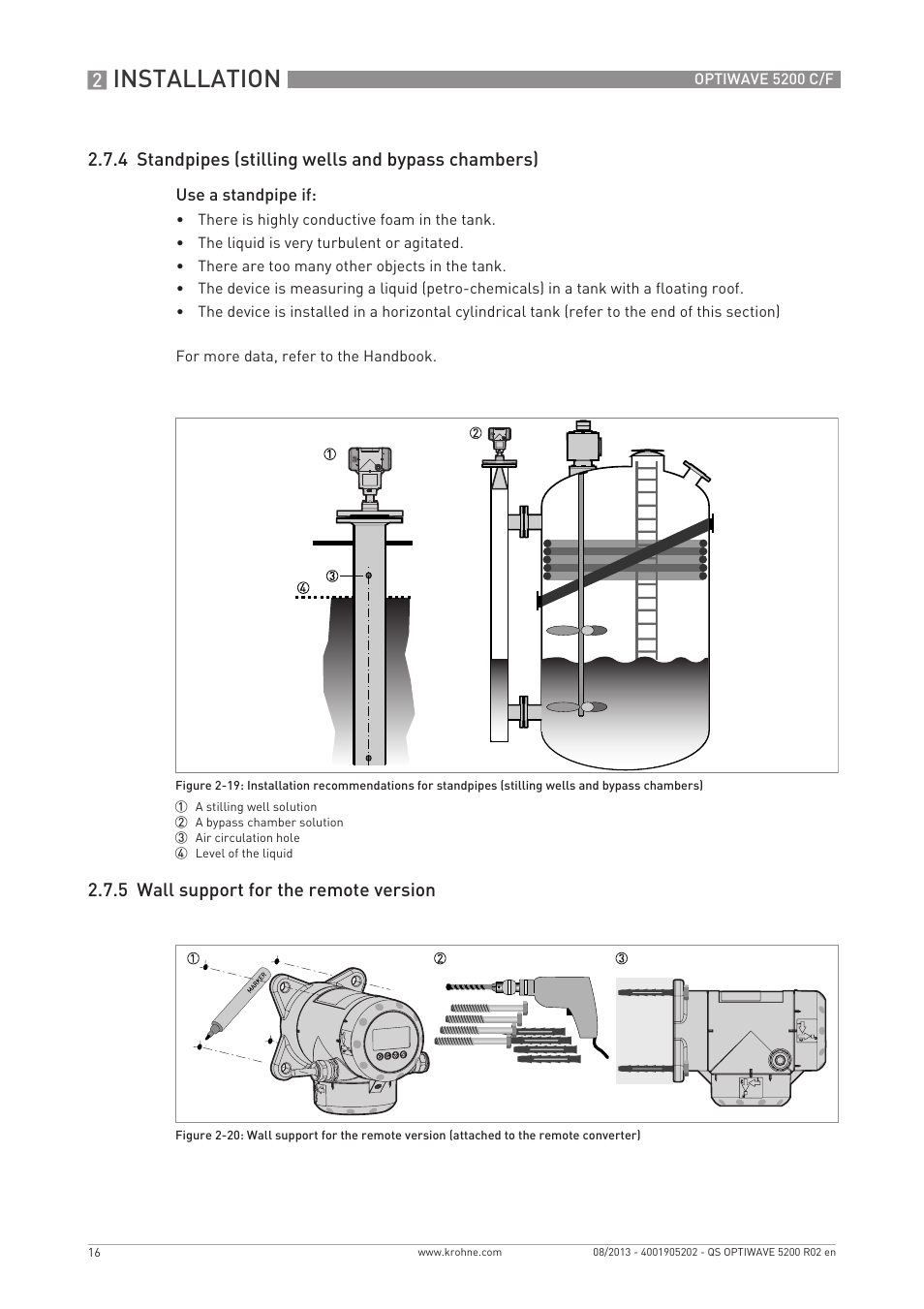 Installation, 4 standpipes (stilling wells and bypass chambers), 5 wall support for the remote version | KROHNE OPTIWAVE 5200 C_F Quickstart EN User Manual | Page 16 / 40
