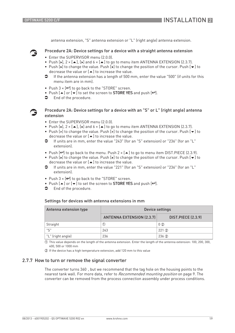 Installation, 7 how to turn or remove the signal converter | KROHNE OPTIWAVE 5200 C_F Quickstart EN User Manual | Page 19 / 40