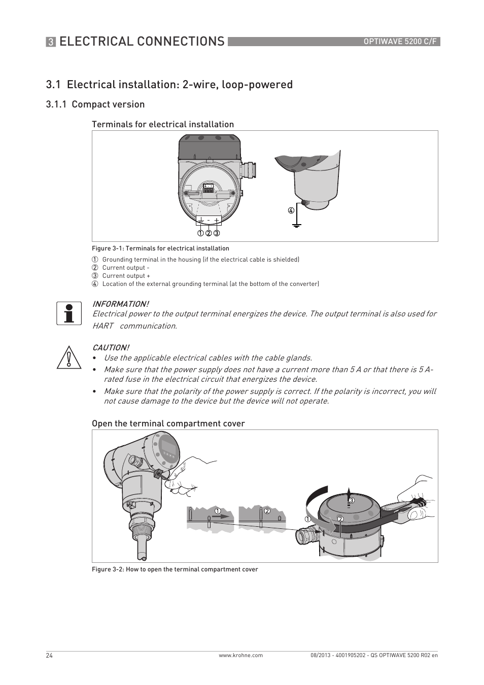 Electrical connections, 1 electrical installation: 2-wire, loop-powered | KROHNE OPTIWAVE 5200 C_F Quickstart EN User Manual | Page 24 / 40