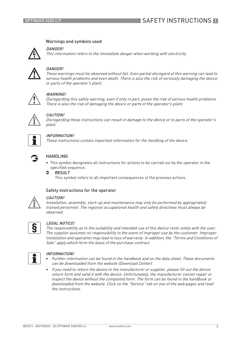 Safety instructions | KROHNE OPTIWAVE 5200 C_F Quickstart EN User Manual | Page 3 / 40