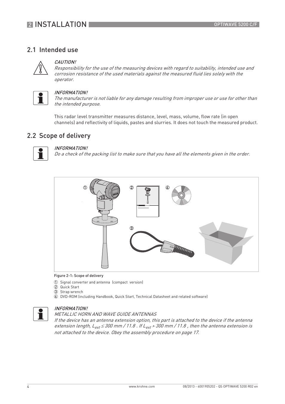 Installation, 1 intended use, 2 scope of delivery | KROHNE OPTIWAVE 5200 C_F Quickstart EN User Manual | Page 4 / 40