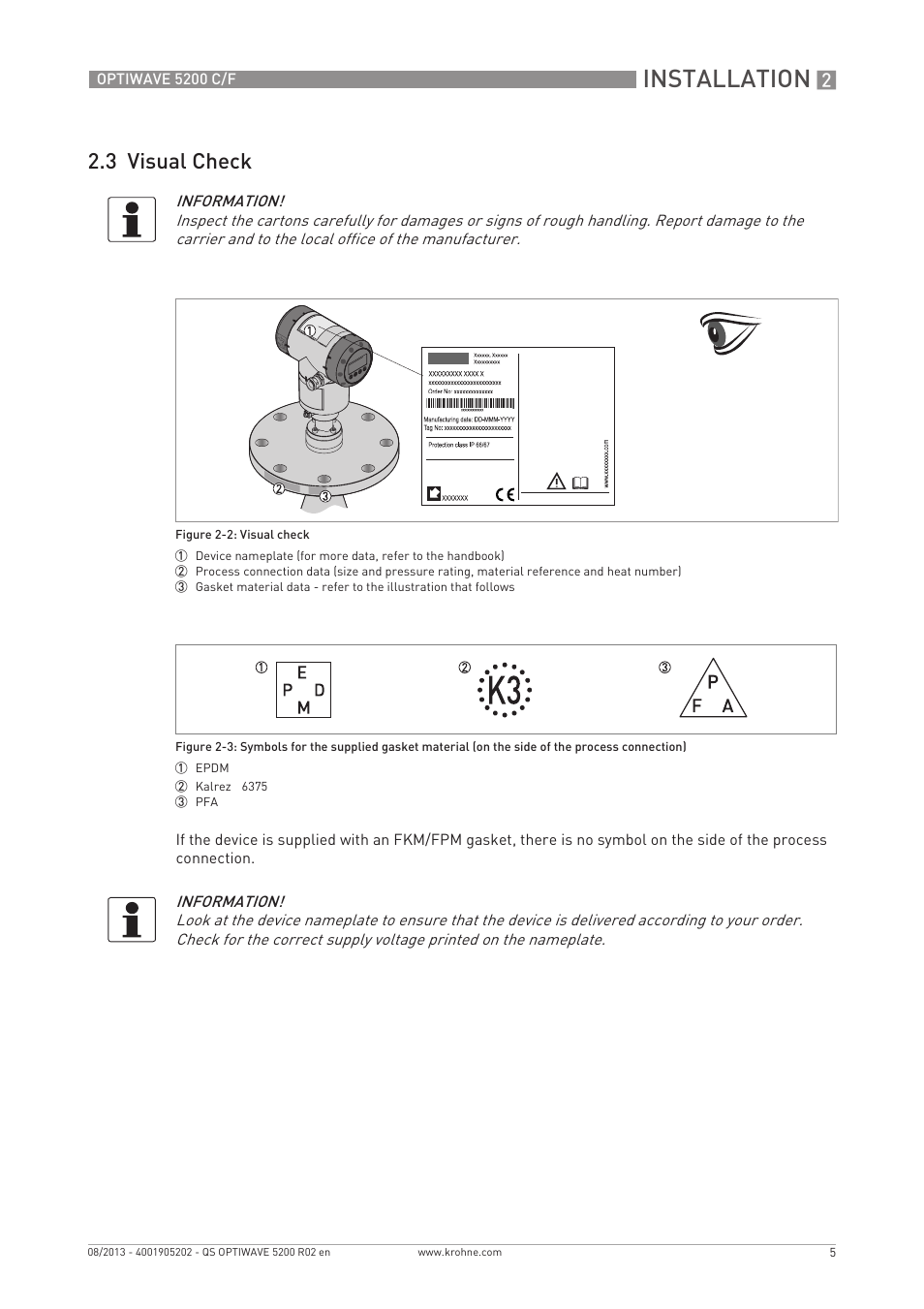 Installation, 3 visual check | KROHNE OPTIWAVE 5200 C_F Quickstart EN User Manual | Page 5 / 40