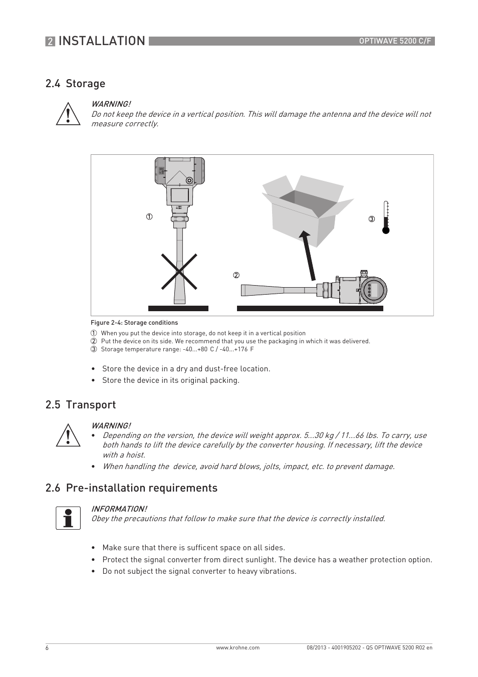 Installation, 4 storage, 5 transport 2.6 pre-installation requirements | KROHNE OPTIWAVE 5200 C_F Quickstart EN User Manual | Page 6 / 40