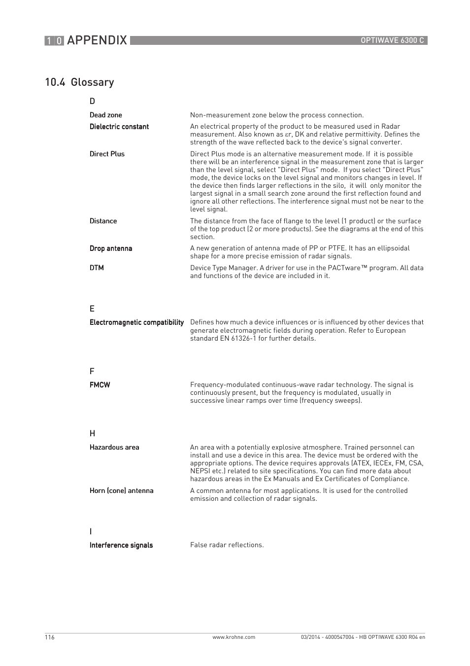 Appendix, 4 glossary | KROHNE OPTIWAVE 6300C EN User Manual | Page 116 / 120