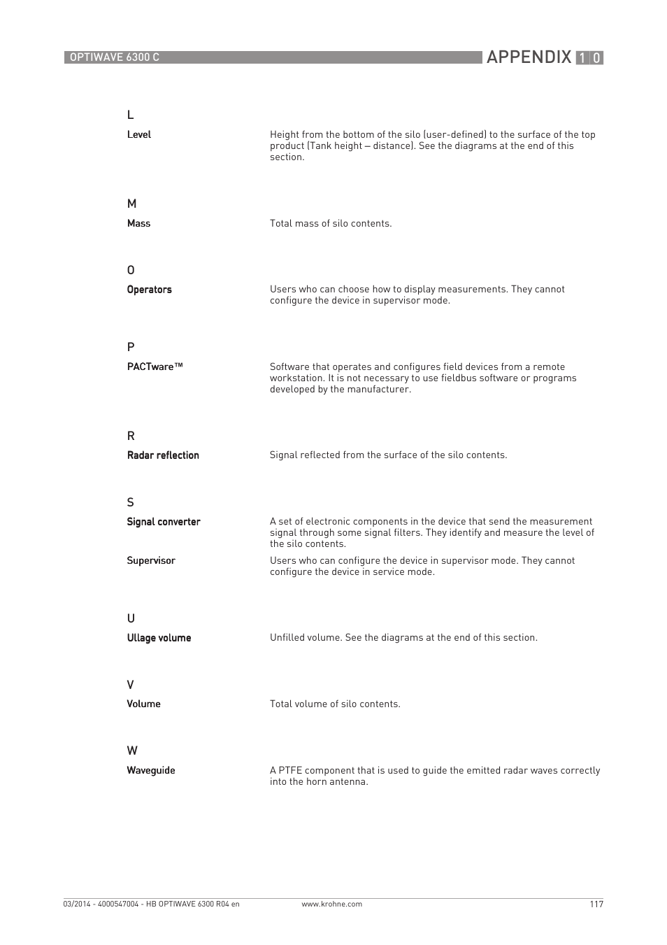 Appendix | KROHNE OPTIWAVE 6300C EN User Manual | Page 117 / 120